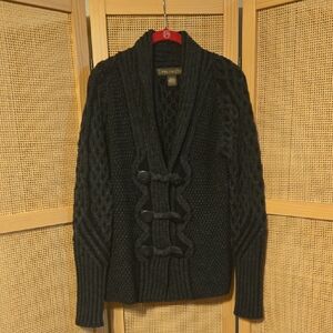 Womens 100% Merino Wool Black Gray Cable Knit Cardigan Medium Made In Ireland